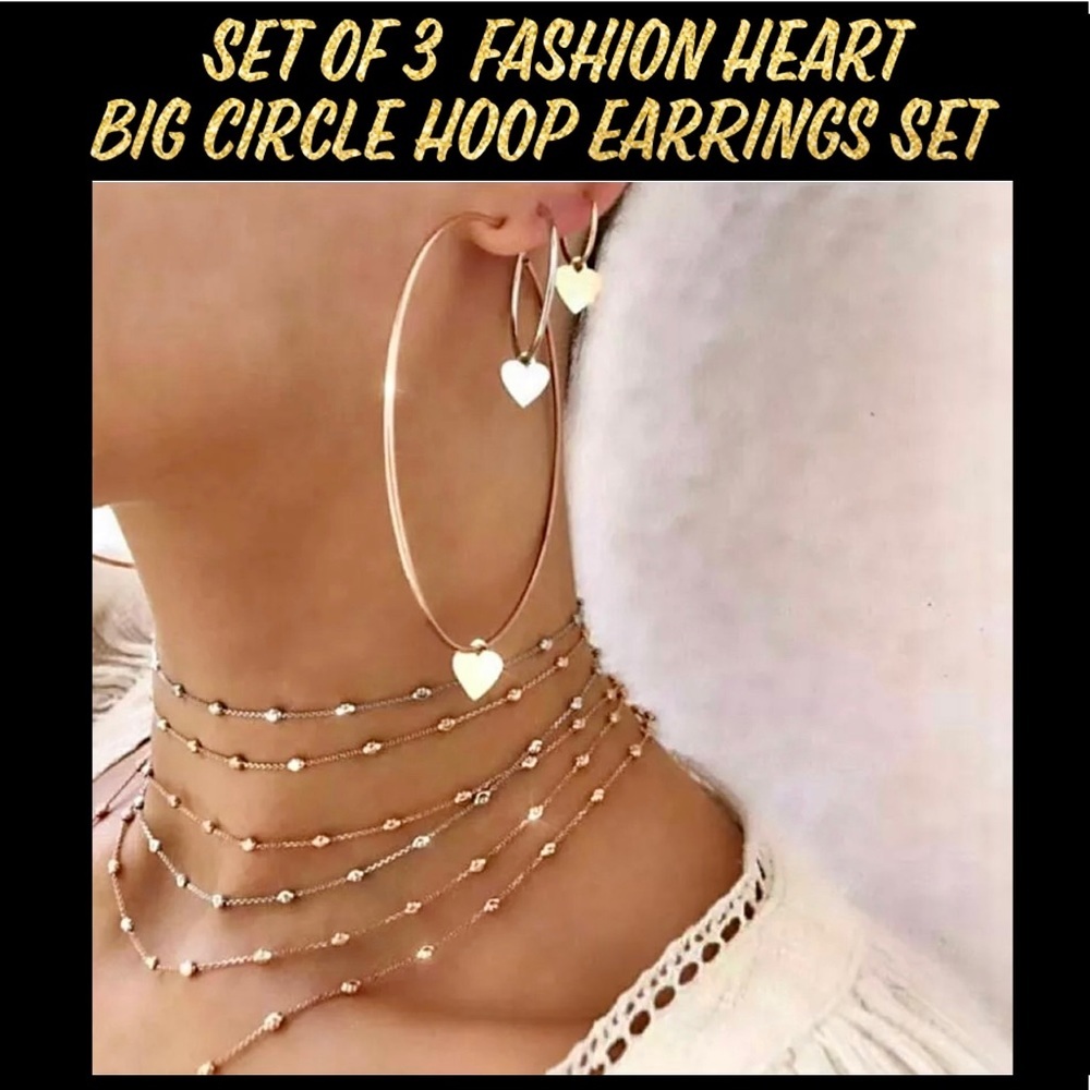 EARRINGS SET OF 3 FASHION HEART BIG CIRCLE HOOP EARRINGS SET
